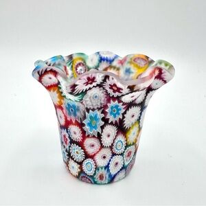Murano Multicolor Millefiori Scalloped 3” Glass Vase ITALY